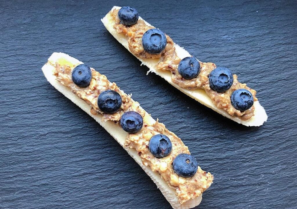 banana split with peanut butter and blueberries healthy snack for kids