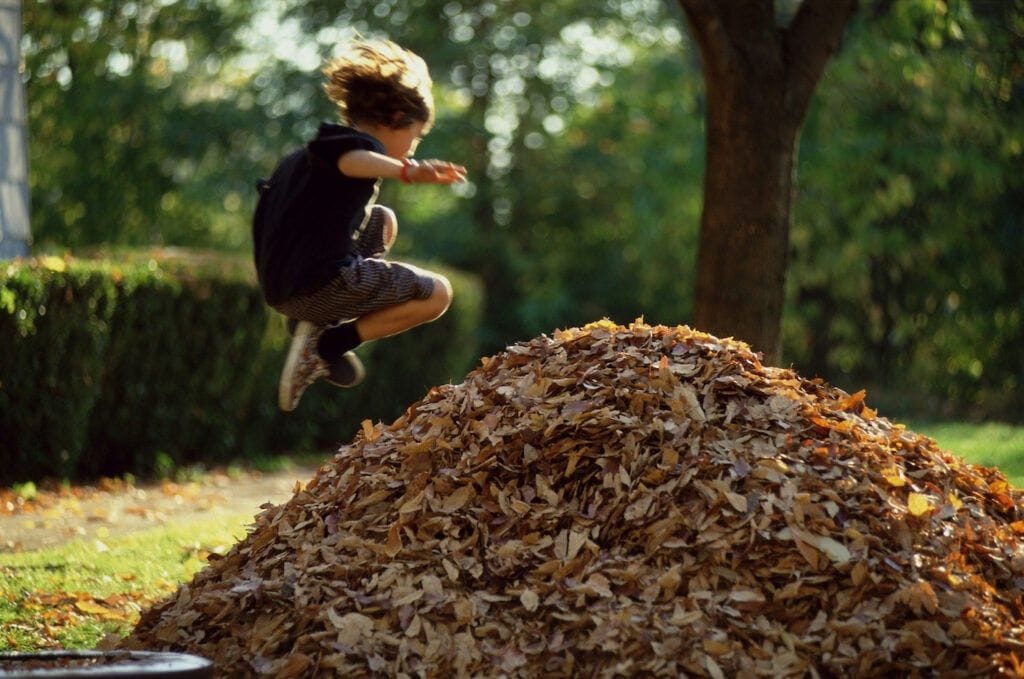 Jumping into an autumn leaf pile is always a fun fall activity for kids
