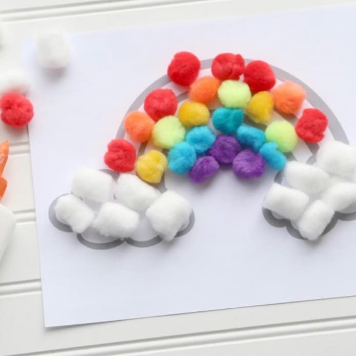 St. Patrick's Day pompom rainbow in the clouds craft for kids