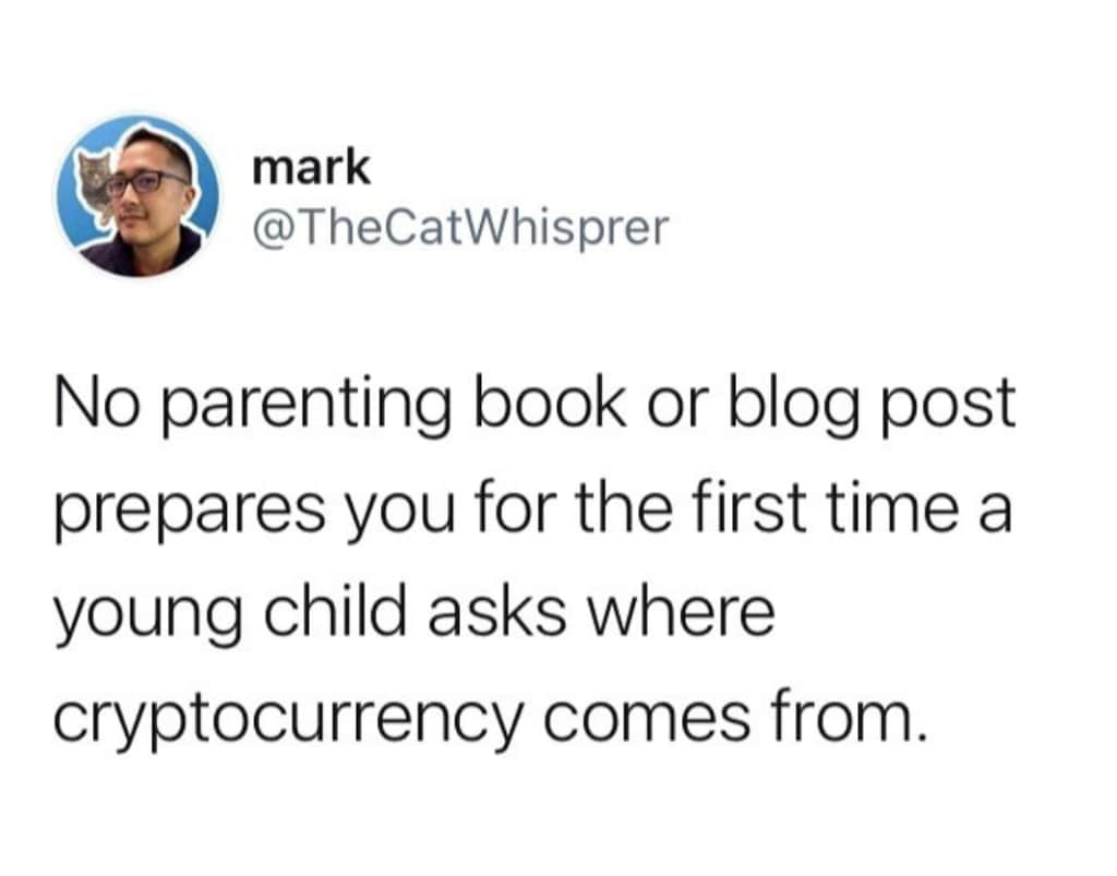 Dad Meme: No parenting book or blog post prepares you for the first time a young child asks where cryptocurrency comes from.