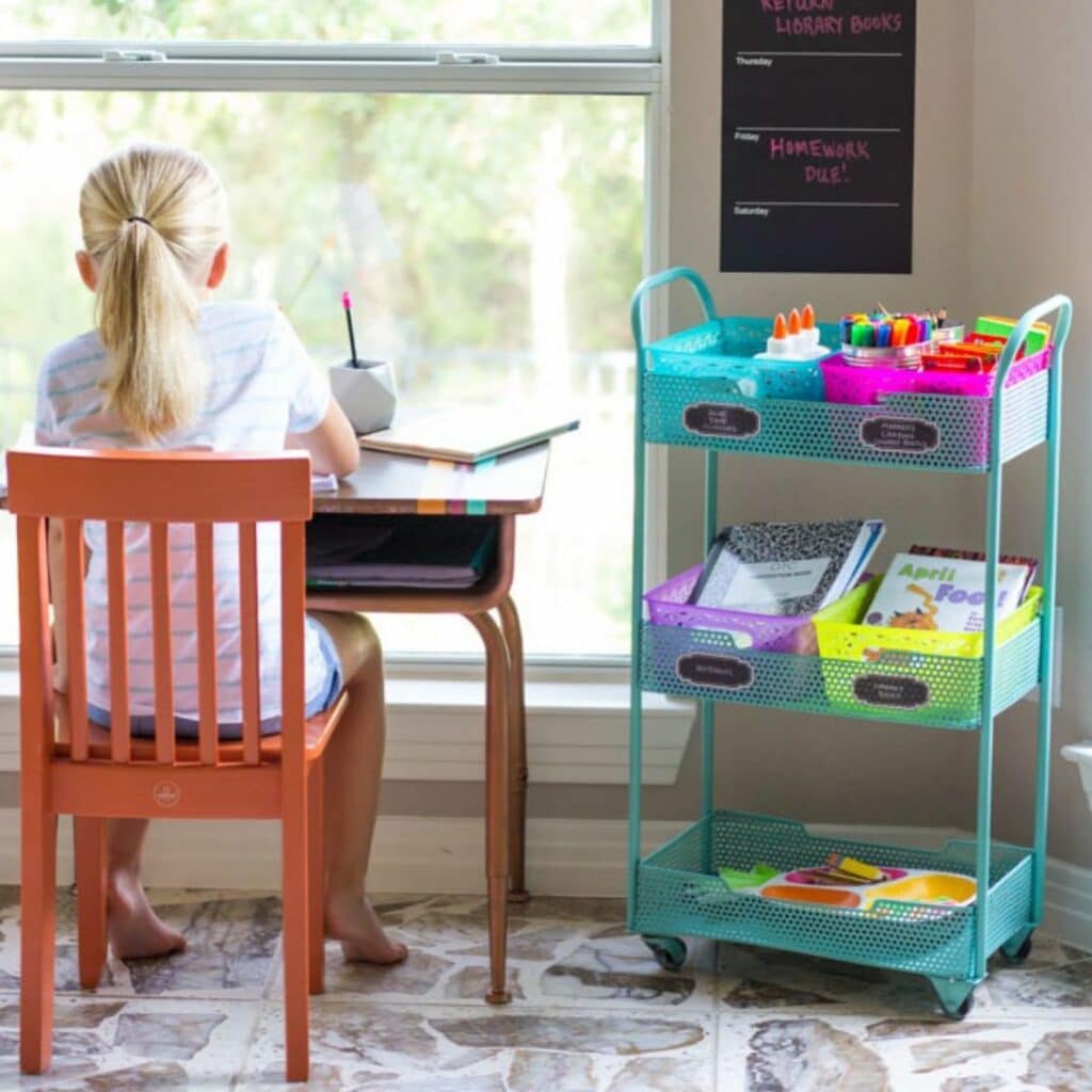 kids homework station with a pop of color