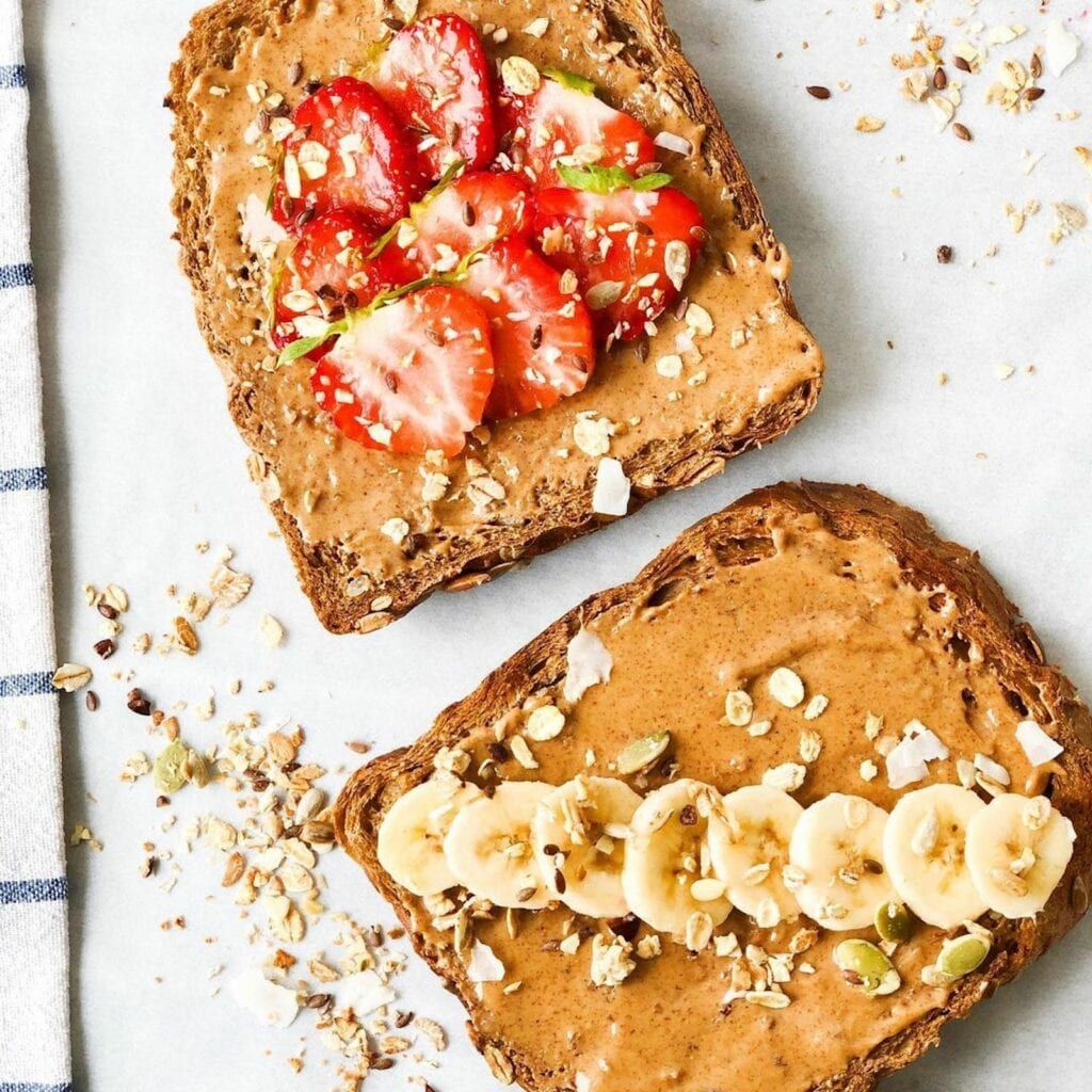 Nut butter on whole grain bread is an easy breakfast kids can make themselves