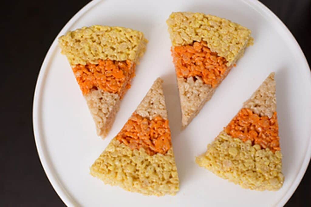 Candy corn Rice Krispies treats is delicious Halloween party idea.