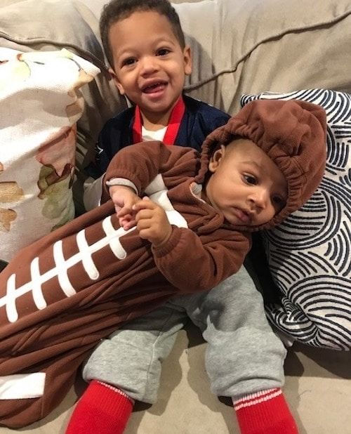 Sibling Halloween costumes - Football player and football