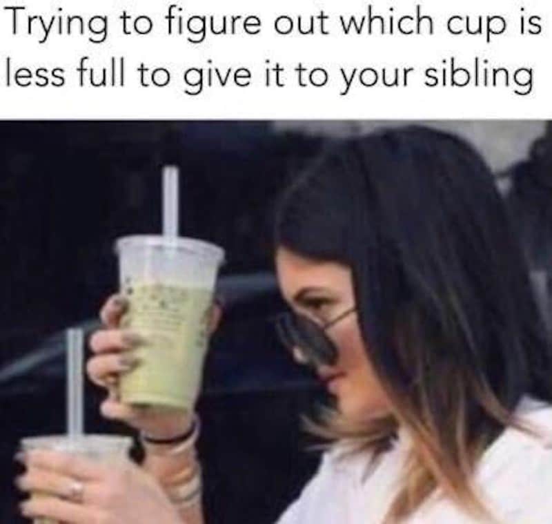 trying to figure out which cup is less full to give to your sibling meme