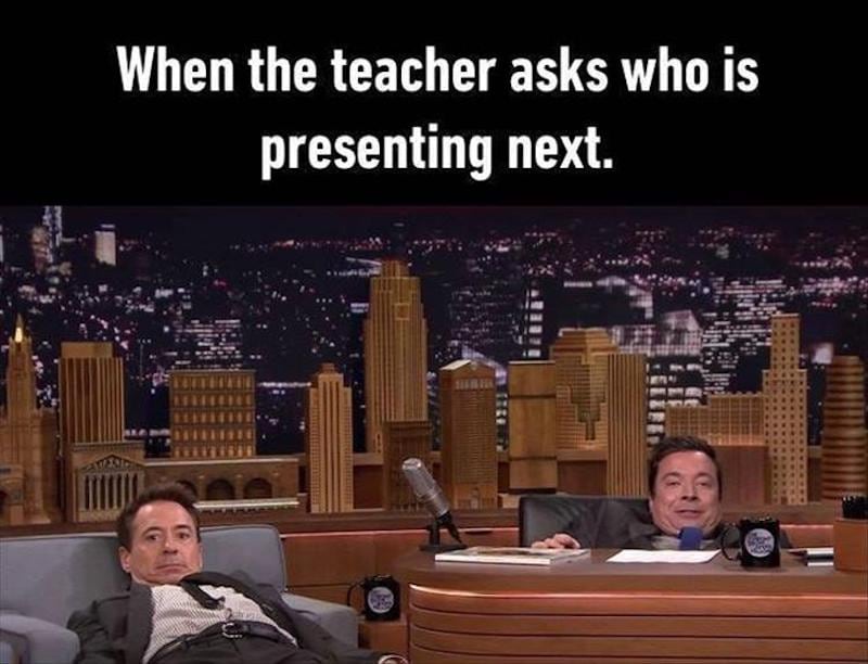 when the teacher asks who is presenting next meme