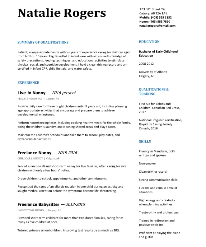 sample nanny resume